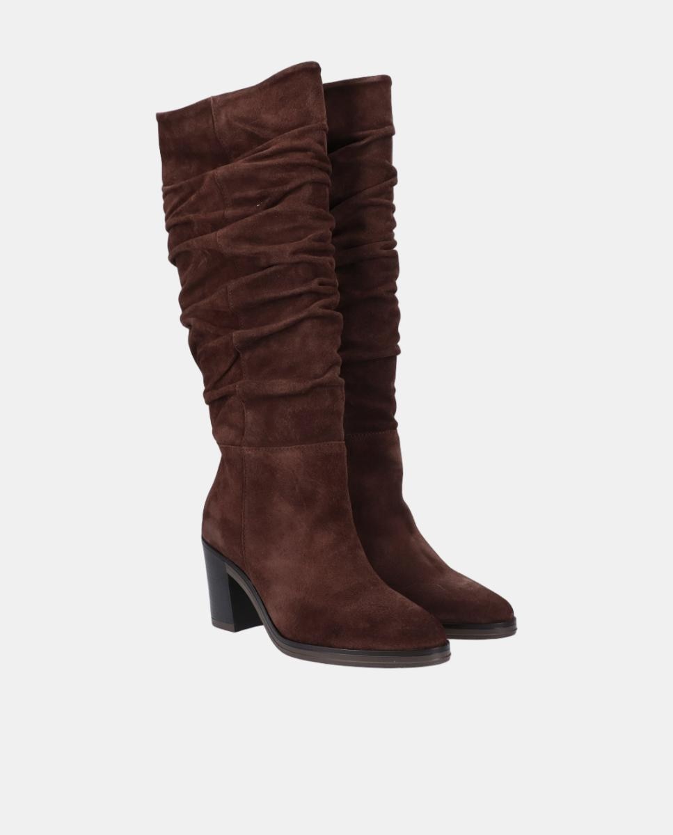 Botas Altas de Croute Enrugada com Salto Castanho-chocolate-2