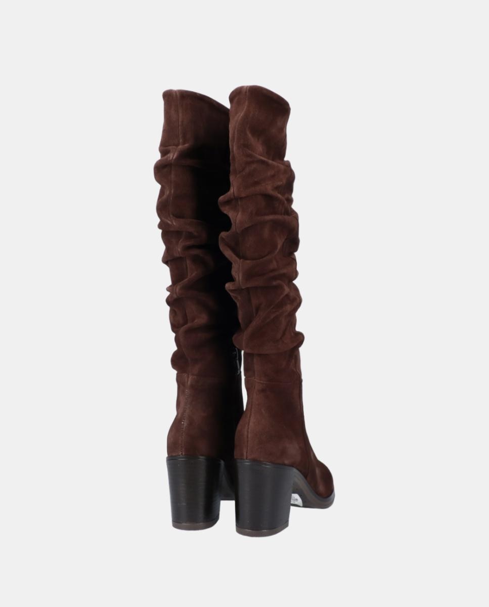 Botas Altas de Croute Enrugada com Salto Castanho-chocolate-3
