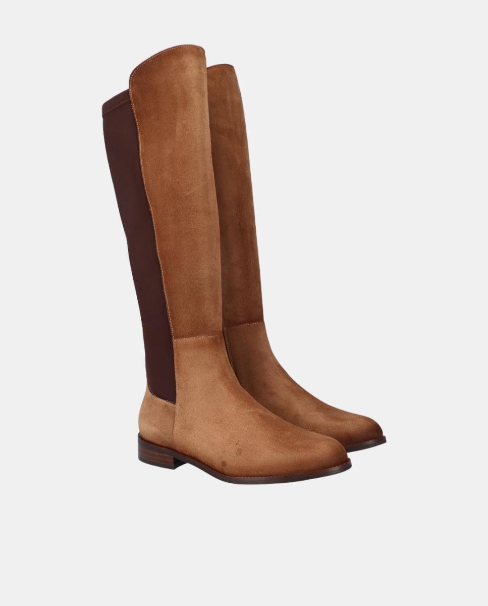 Botas Altas Rasas em Croute e Licra Castanho taupe-2