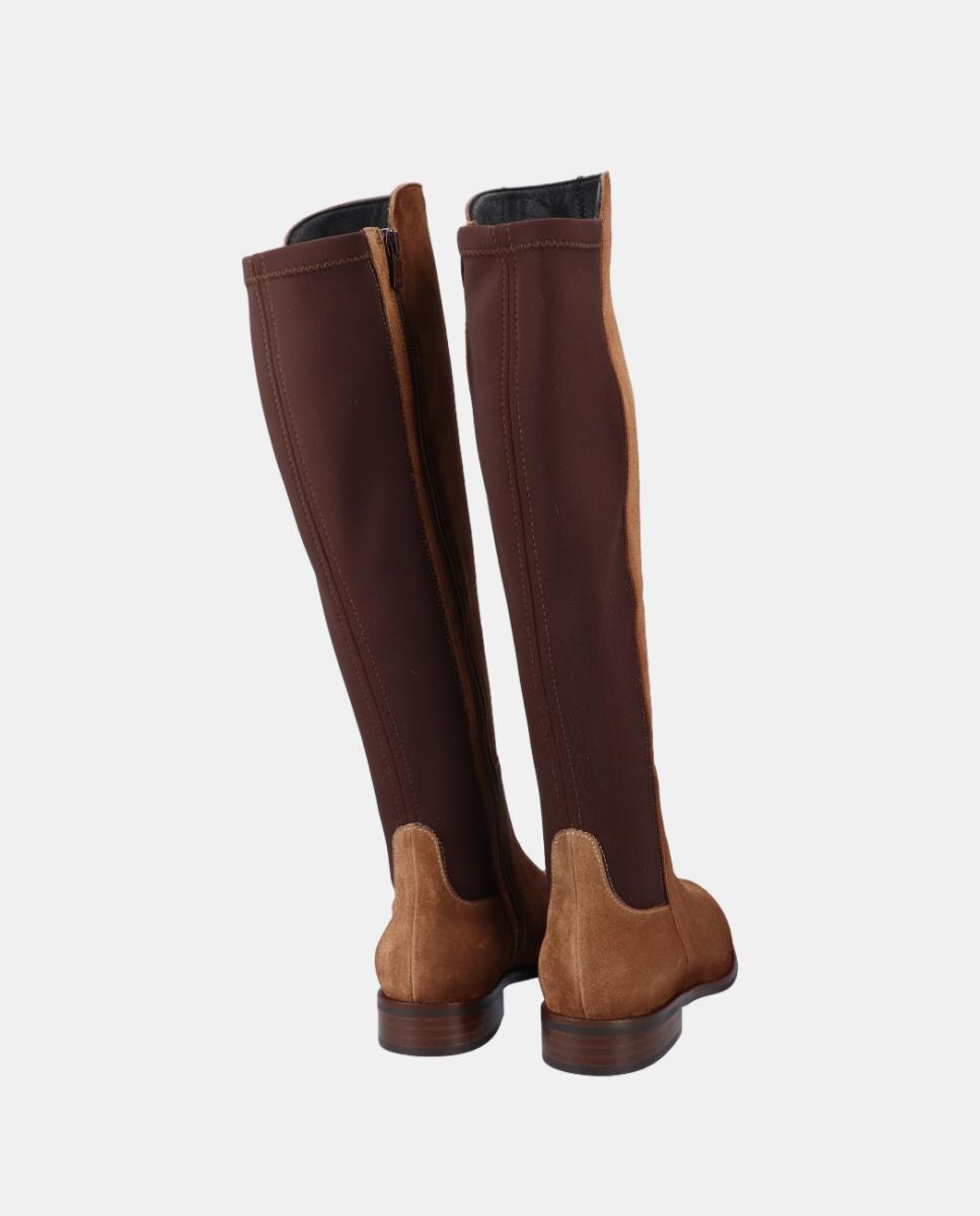 Botas Altas Rasas em Croute e Licra Castanho taupe-3