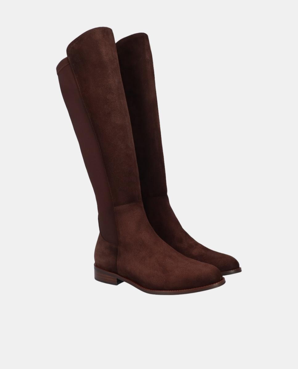 Botas Altas Rasas em Croute e Licra Castanho-chocolate-2