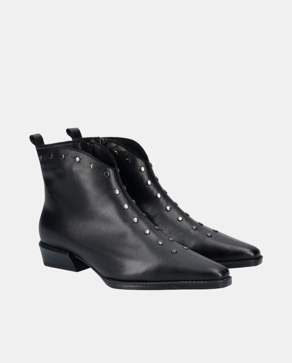 Botins Cowboy de Salto Baixo em Pele com Tachas Preto-2