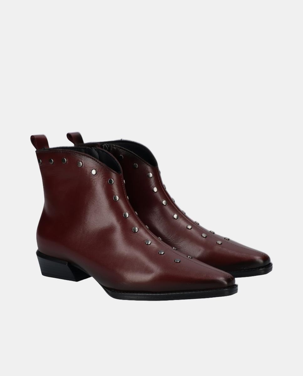 Botins Cowboy de Salto Baixo em Pele com Tachas Vermelho/Grená-2