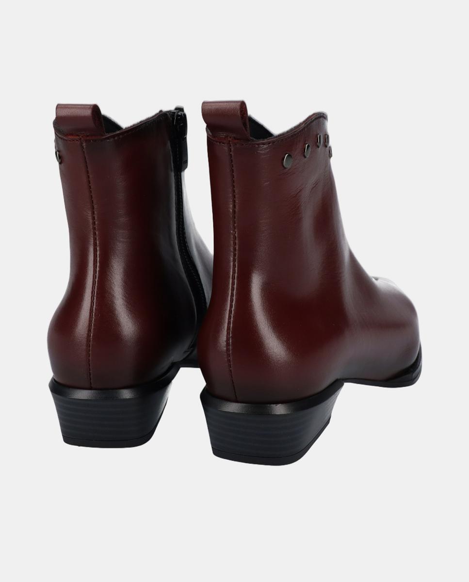 Botins Cowboy de Salto Baixo em Pele com Tachas Vermelho/Grená-3