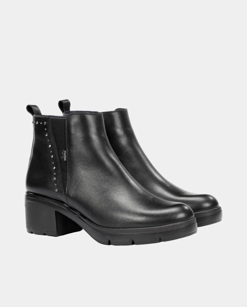 Botines de mujer tipo chelsea en piel con tacón bloque extra ligero - Fluchos - Negro Negro-2