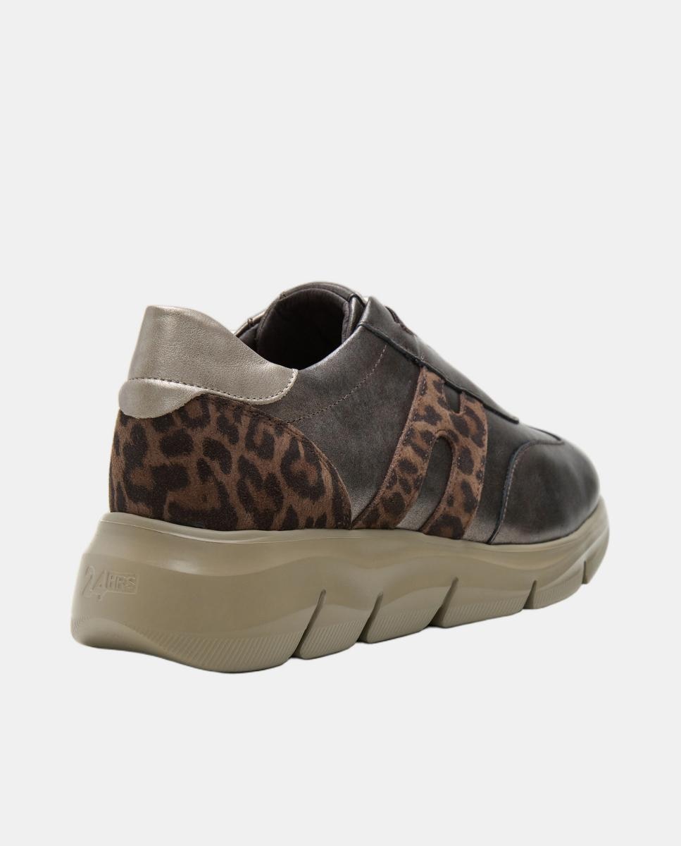 Sapatilhas em Pele com Elásticos e Animal Print Castanho-3