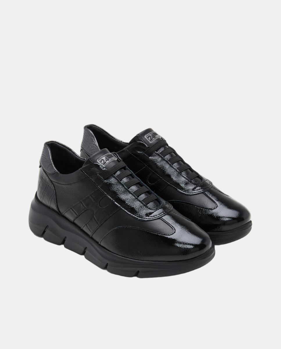 Sapatilhas em Napa e Verniz com Elásticos Preto-2