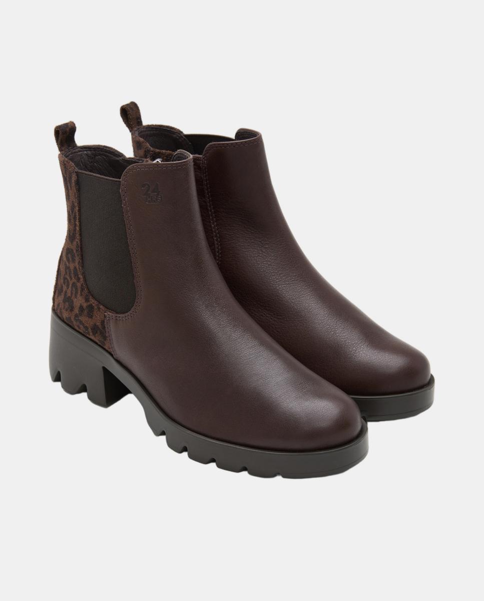 Botins Tipo Chelsea em Pele com Salto de Bloco Castanho-2