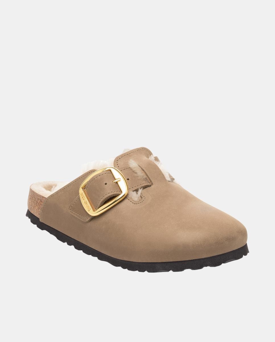 Mules em Pele e Lã com Fivela Grande Castanho-claro-1
