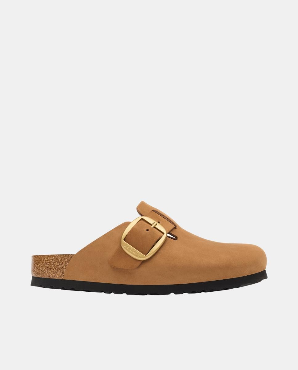 Zueco de mujer con hebilla grande en piel de nobuck y plantilla al tono - Birkenstock - Marrón Marrón-1