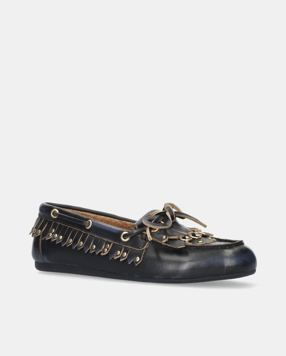 Mocassins em Pele com Franjas Pretos-2