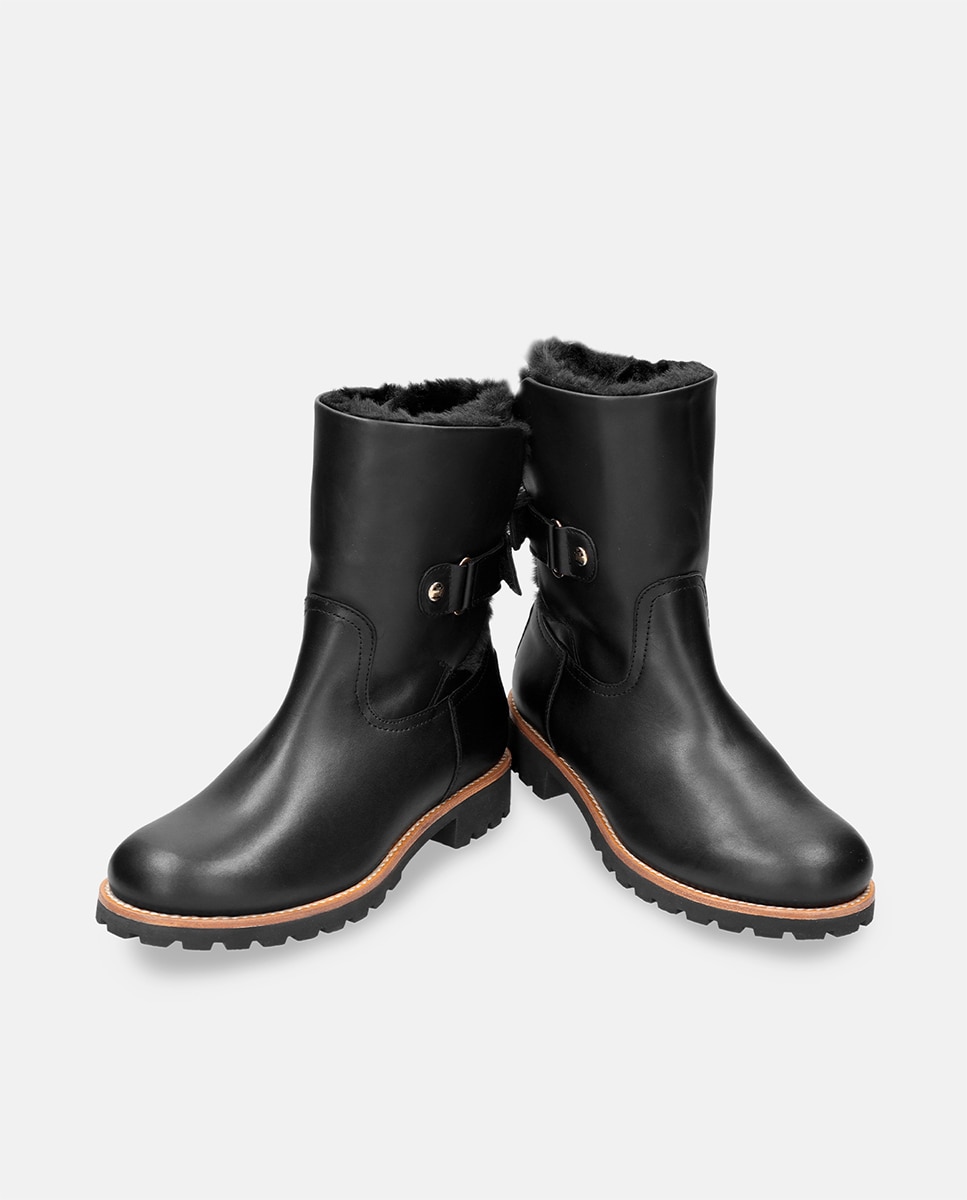 Botins Rasos de Cano Médio em Pele Waterproof e Forro Interior de Pelo - Preto Preto-3