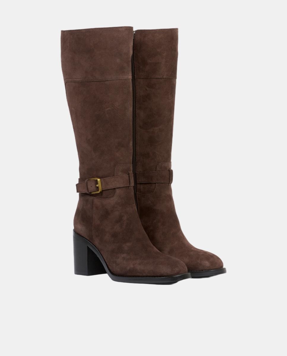 Botas em Pele com Salto Alto de 7 cm Castanho-escuro-2