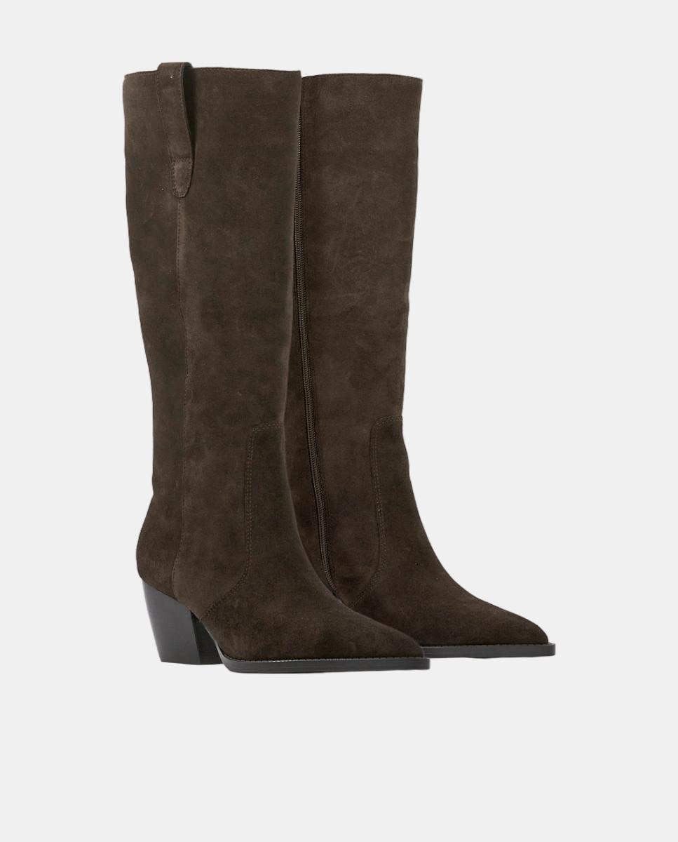 Botas Cowboy em Pele com Salto de 5 cm Castanho-escuro-2