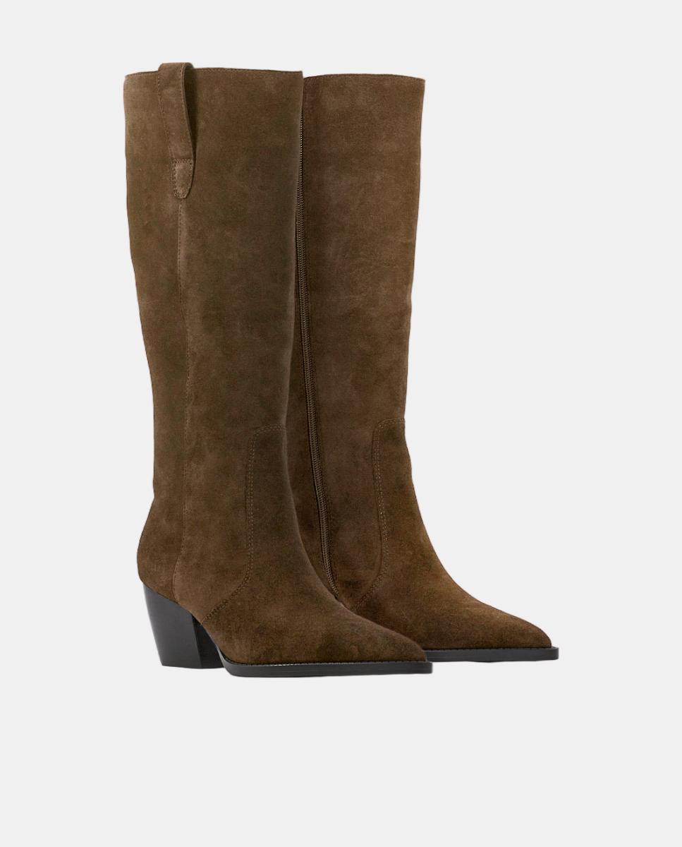 Botas Cowboy em Pele com Salto de 5 cm Castanho taupe-2
