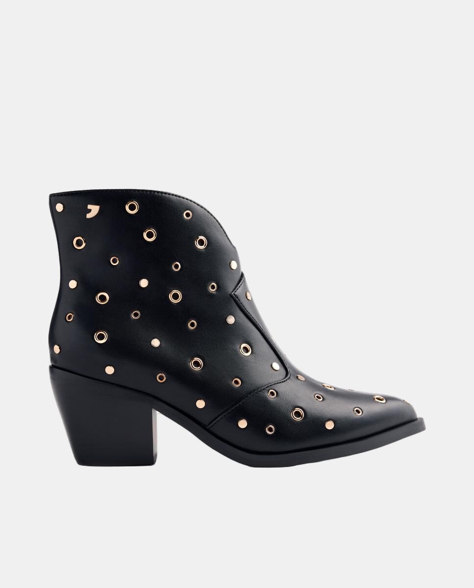 Botins Cowboy com Tachas e Argolas em PU com Tacão Cubano Preto-1
