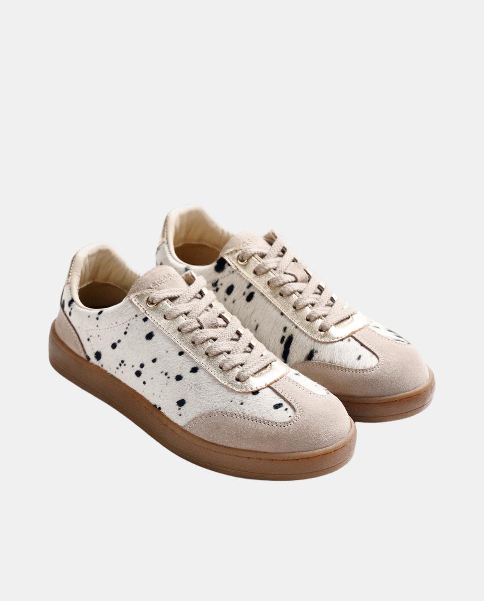 Sapatilhas em Pele com Animal Print Bege-2