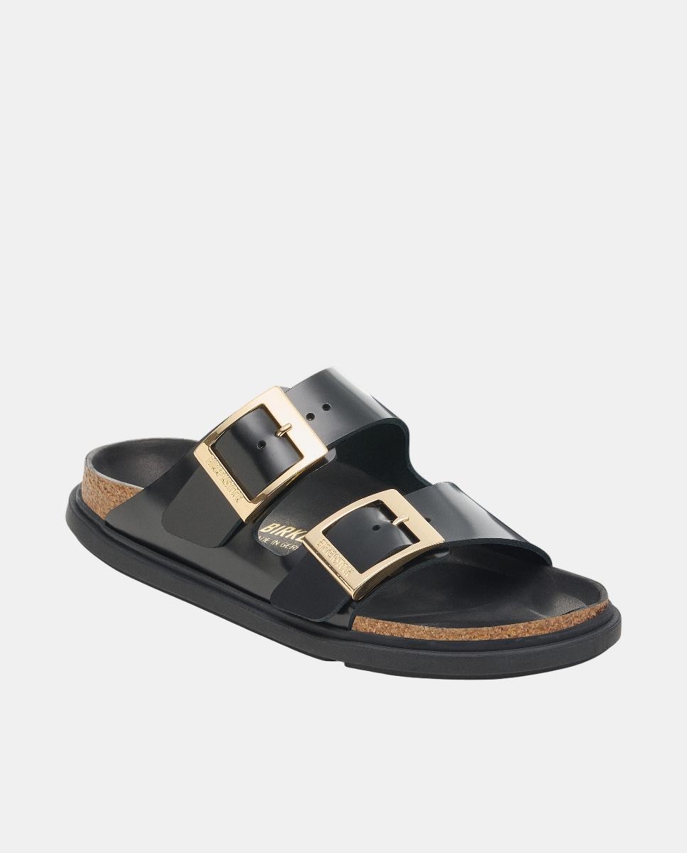 Sandálias Arizona em Couro Natural Envernizado com Fivela Quadrada Preto-2