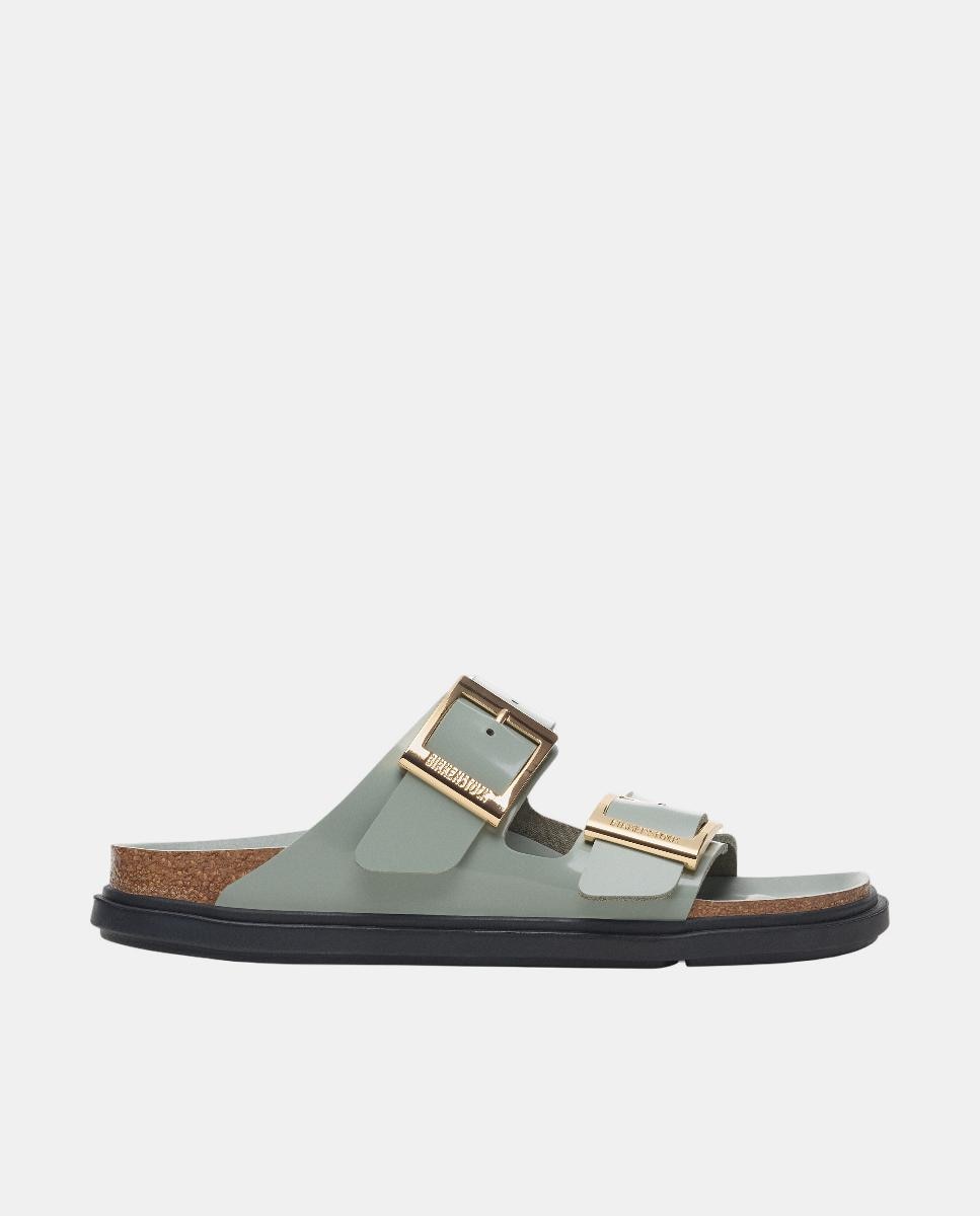 Sandálias Arizona em Couro Natural Envernizado com Fivela Quadrada Verde Aqua-1
