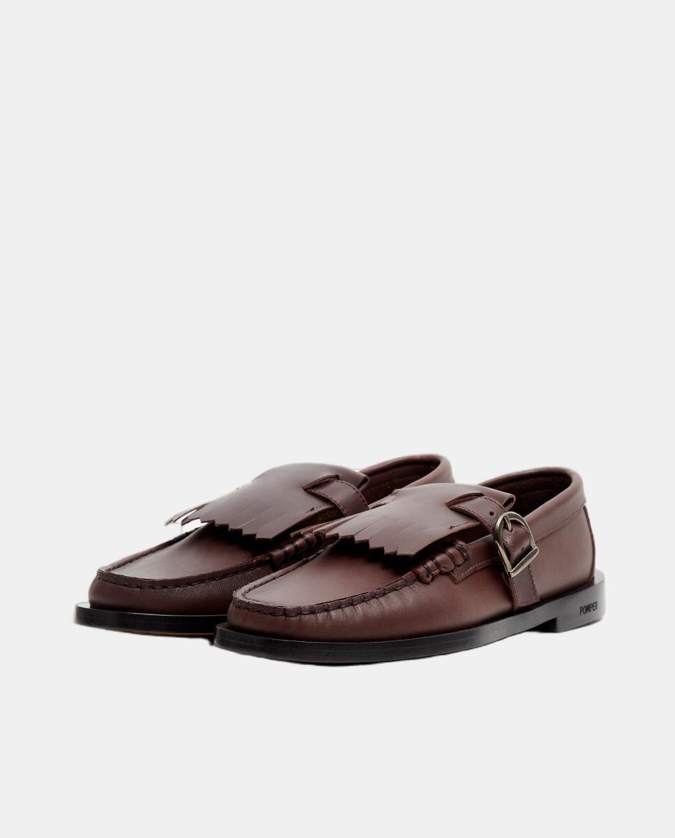Mocassins em Pele com Fivela e Biqueira Quadrada Castanho-3
