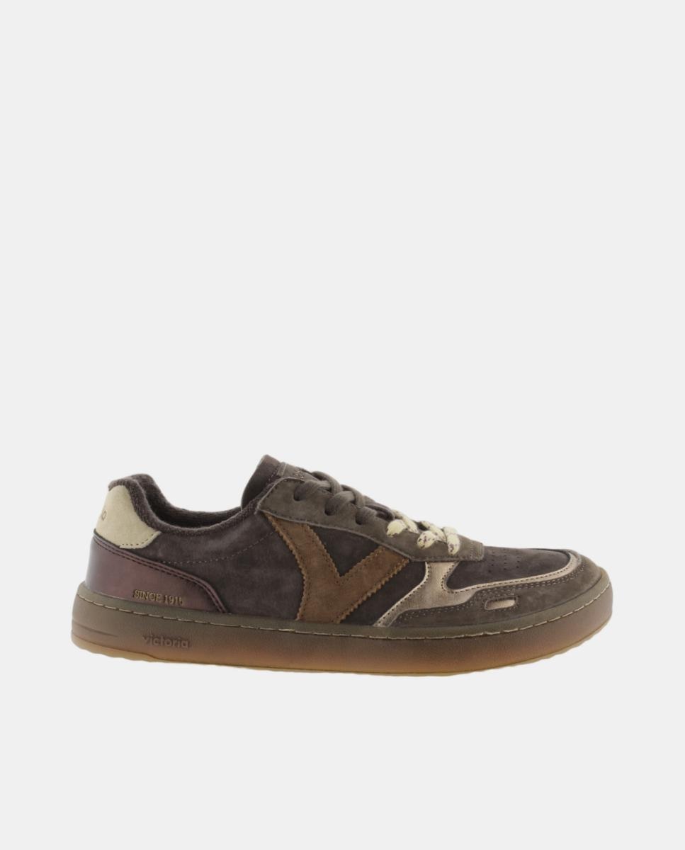 Zapatillas deportivas de mujer barefoot de serraje con piezas metalizadas y suela marrón chocolate - Victoria - Marrón Marrón-1
