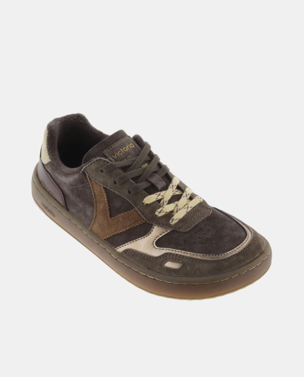 Zapatillas deportivas de mujer barefoot de serraje con piezas metalizadas y suela marrón chocolate - Victoria - Marrón Marrón-2