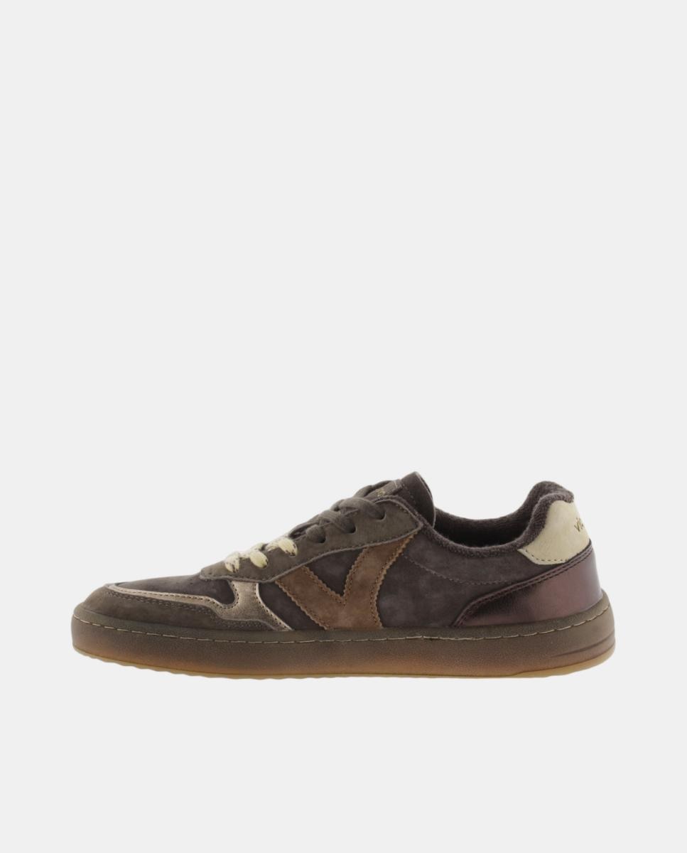 Zapatillas deportivas de mujer barefoot de serraje con piezas metalizadas y suela marrón chocolate - Victoria - Marrón Marrón-3
