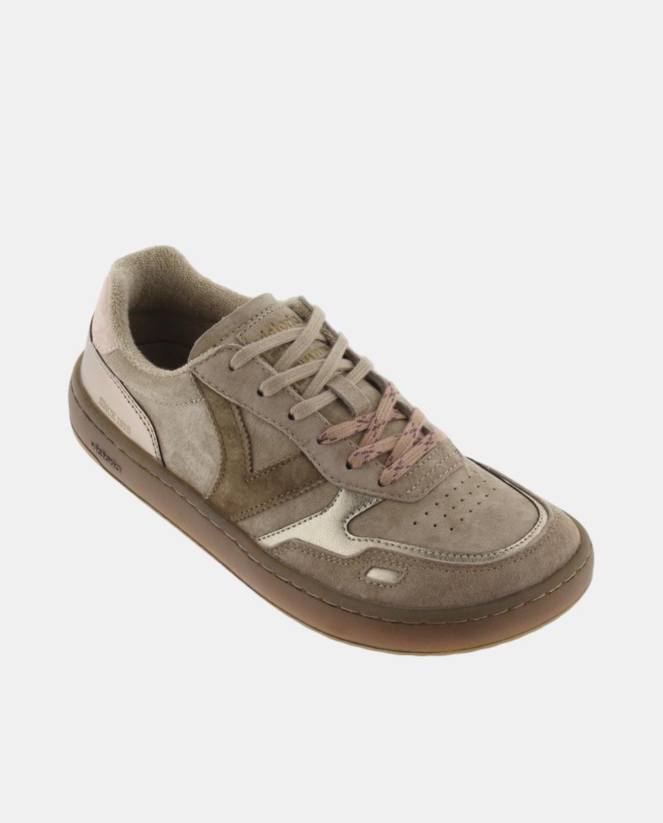 Zapatillas deportivas de mujer barefoot de serraje con piezas metalizadas y suela marrón chocolate - Victoria - Beige Beige-2