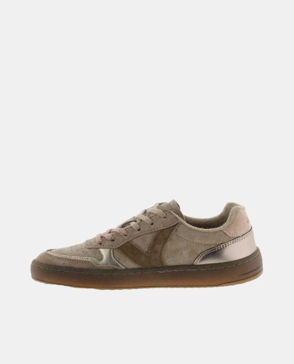 Zapatillas deportivas de mujer barefoot de serraje con piezas metalizadas y suela marrón chocolate - Victoria - Beige Beige-3