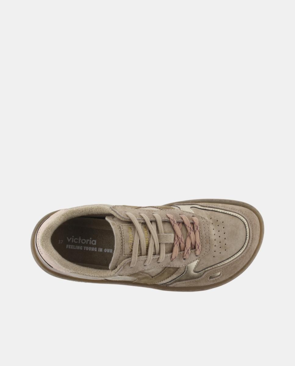Zapatillas deportivas de mujer barefoot de serraje con piezas metalizadas y suela marrón chocolate - Victoria - Beige Beige-4