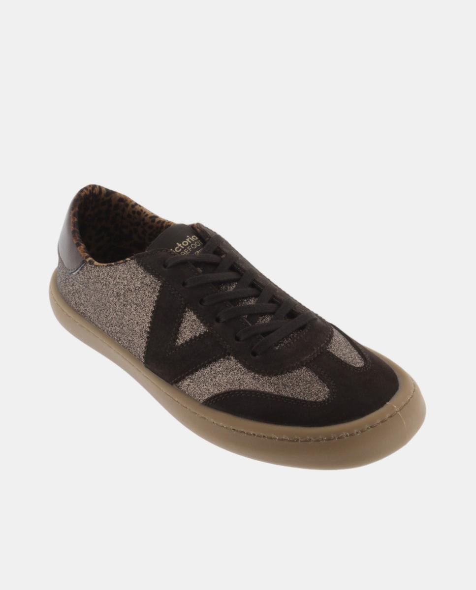 Sapatilhas Desportivas de Mulher Barefoot com Glitter e Peças de Croute a Condizer de Sola Caramelo Castanho-2