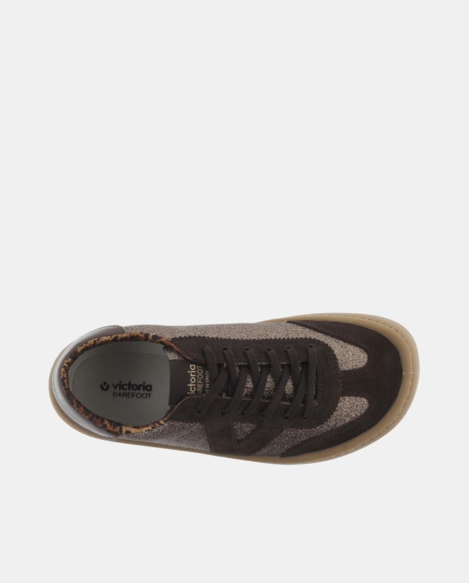 Sapatilhas Desportivas de Mulher Barefoot com Glitter e Peças de Croute a Condizer de Sola Caramelo Castanho-4