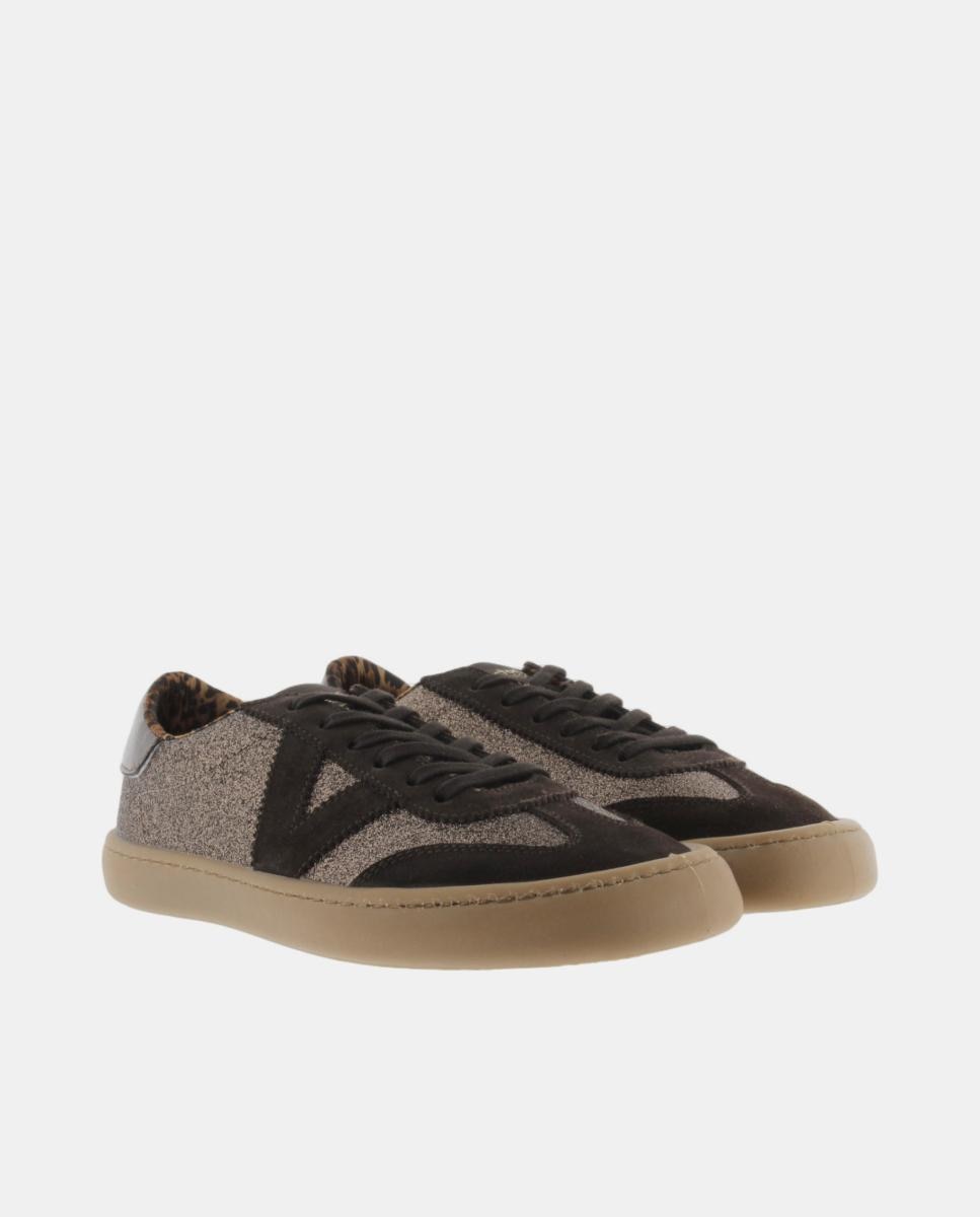Sapatilhas Desportivas de Mulher Barefoot com Glitter e Peças de Croute a Condizer de Sola Caramelo Castanho-5