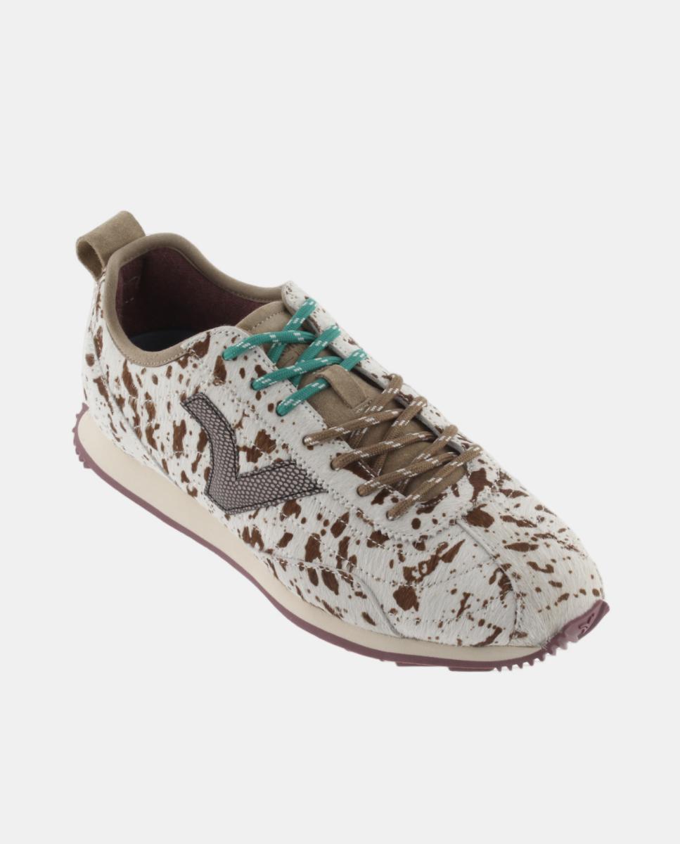 Sapatilhas Desportivas em Pele com Pelo, Animal Print e Logótipo Metalizado Creme-2