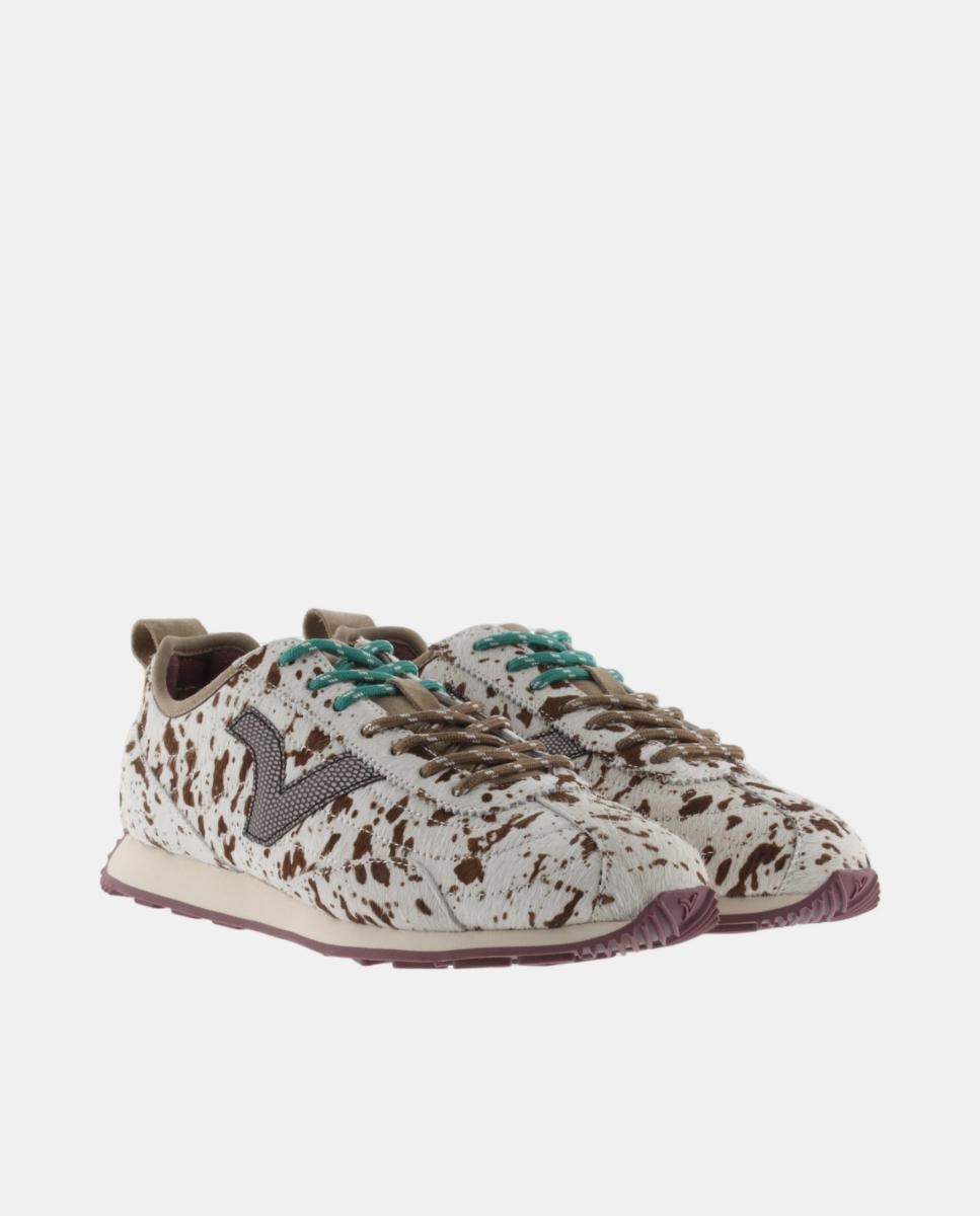 Sapatilhas Desportivas em Pele com Pelo, Animal Print e Logótipo Metalizado Creme-5