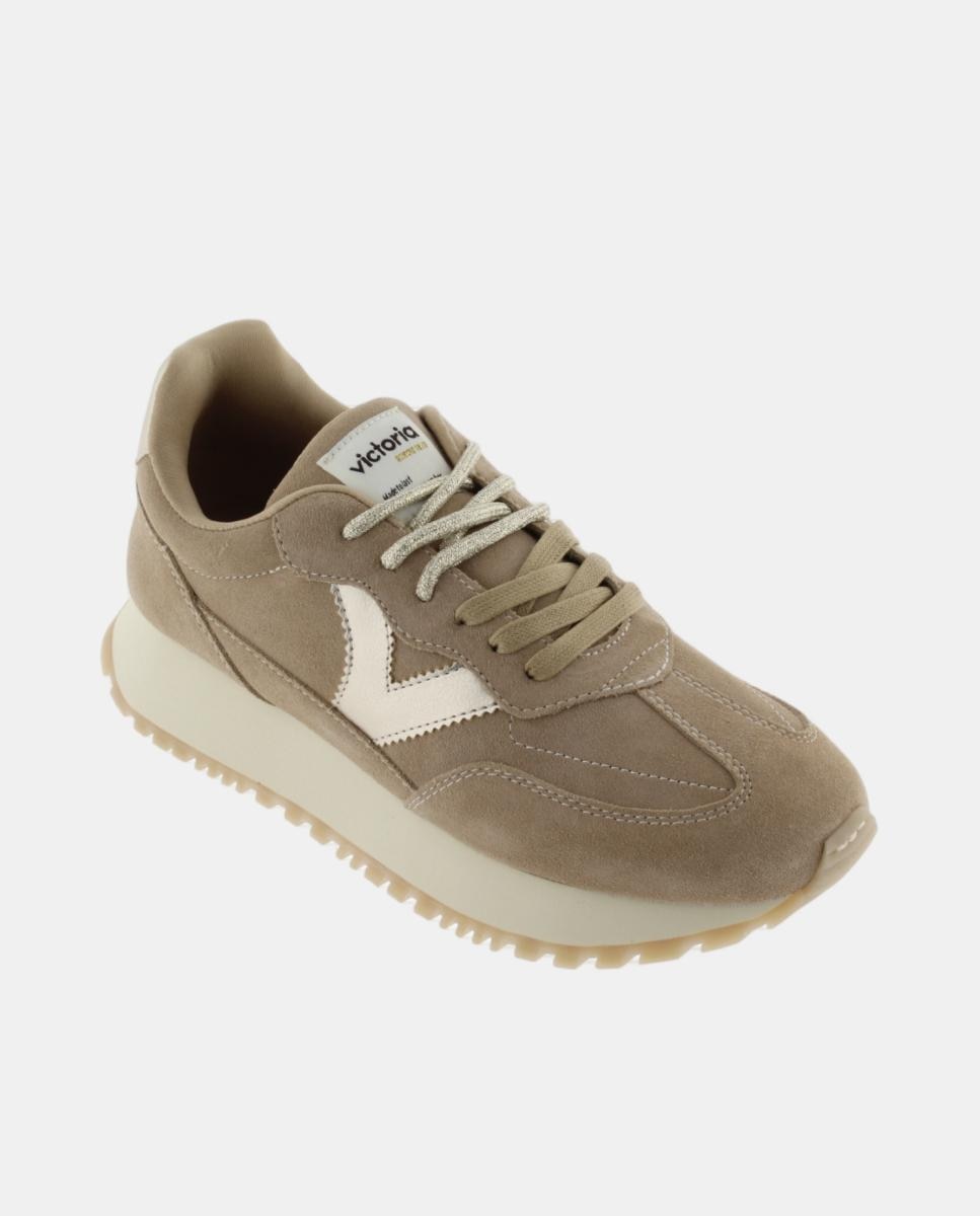 Zapatillas deportivas de mujer de serraje con piezas metalizadas y doble cordón - Victoria - Beige Beige-2