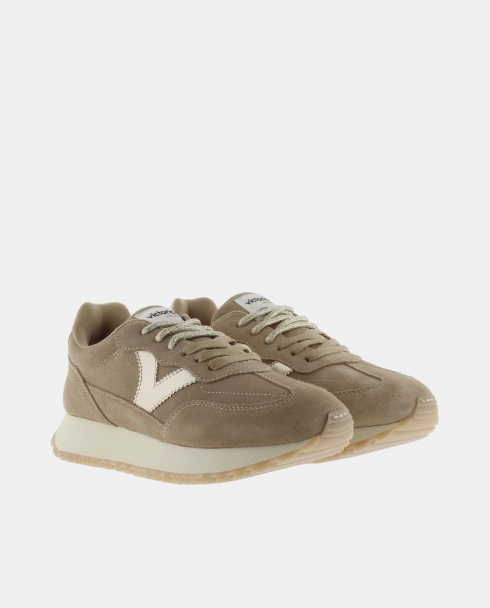 Zapatillas deportivas de mujer de serraje con piezas metalizadas y doble cordón - Victoria - Beige Beige-5