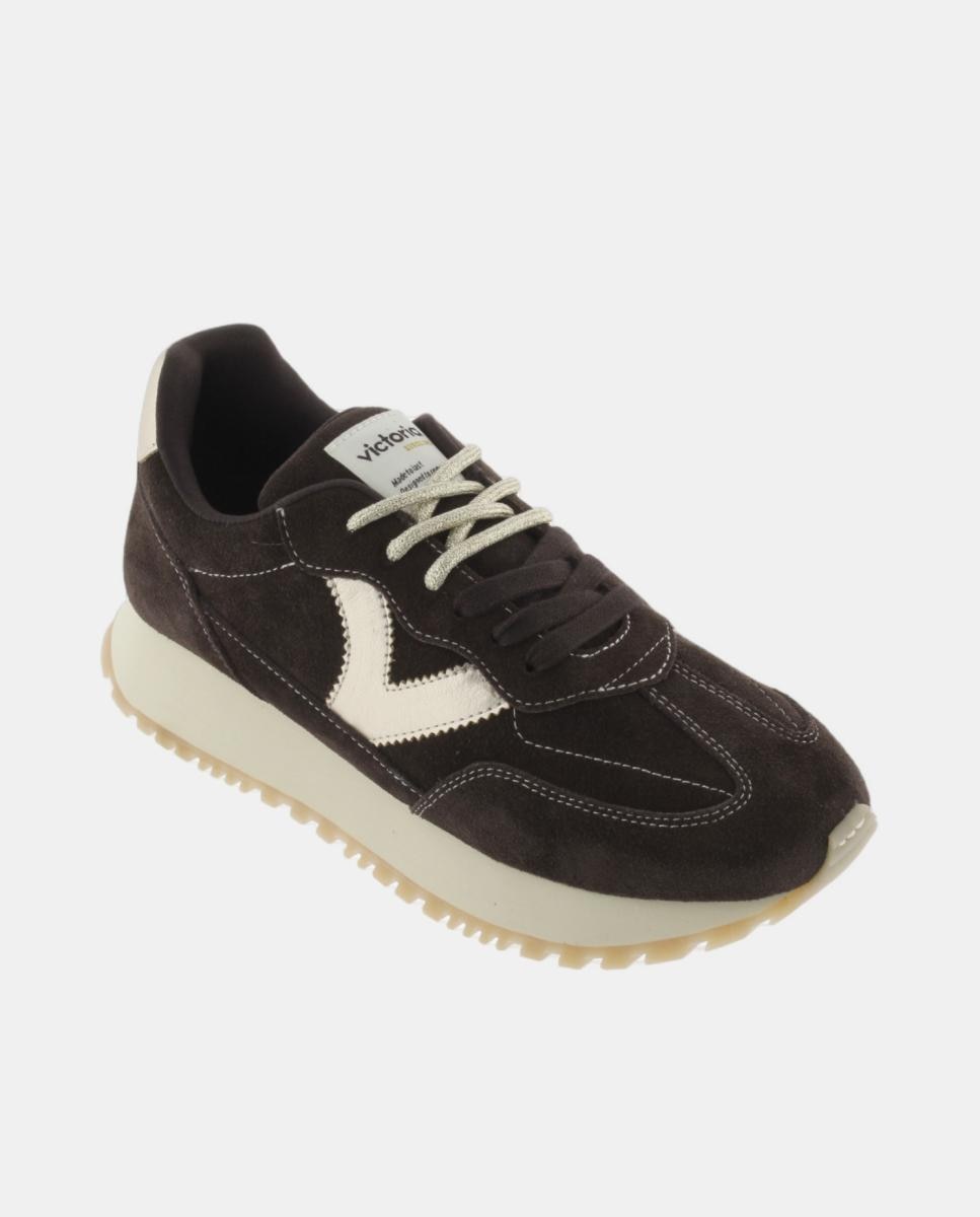 Zapatillas deportivas de mujer de serraje con piezas metalizadas y doble cordón - Victoria - Marrón oscuro Marrón oscuro-2