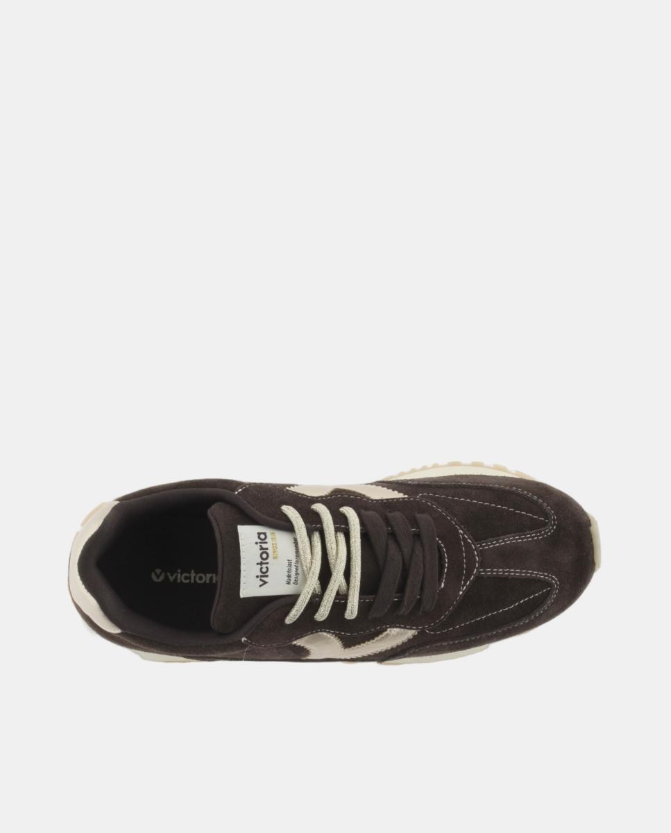 Zapatillas deportivas de mujer de serraje con piezas metalizadas y doble cordón - Victoria - Marrón oscuro Marrón oscuro-4