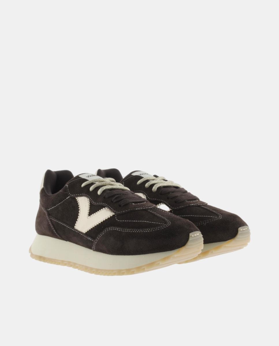 Zapatillas deportivas de mujer de serraje con piezas metalizadas y doble cordón - Victoria - Marrón oscuro Marrón oscuro-5