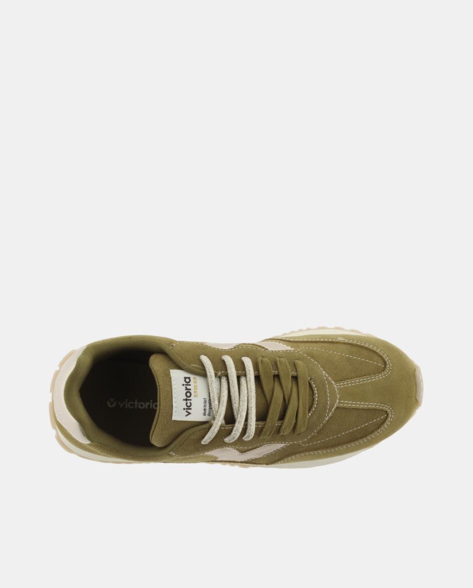Sapatilhas Desportivas de Croute com Peças Metalizadas e Atacadores Duplos Verde Azeitona-4