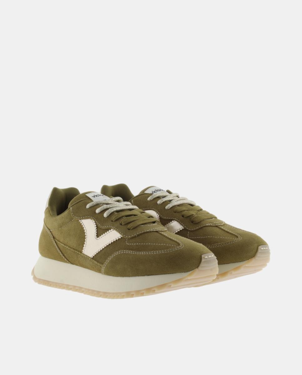Sapatilhas Desportivas de Croute com Peças Metalizadas e Atacadores Duplos Verde Azeitona-5