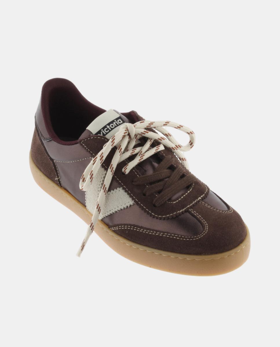Zapatillas deportivas de mujer metalizadas con piezas de serraje al tono y suela caramelo - Victoria - Marrón oscuro Marrón oscuro-2
