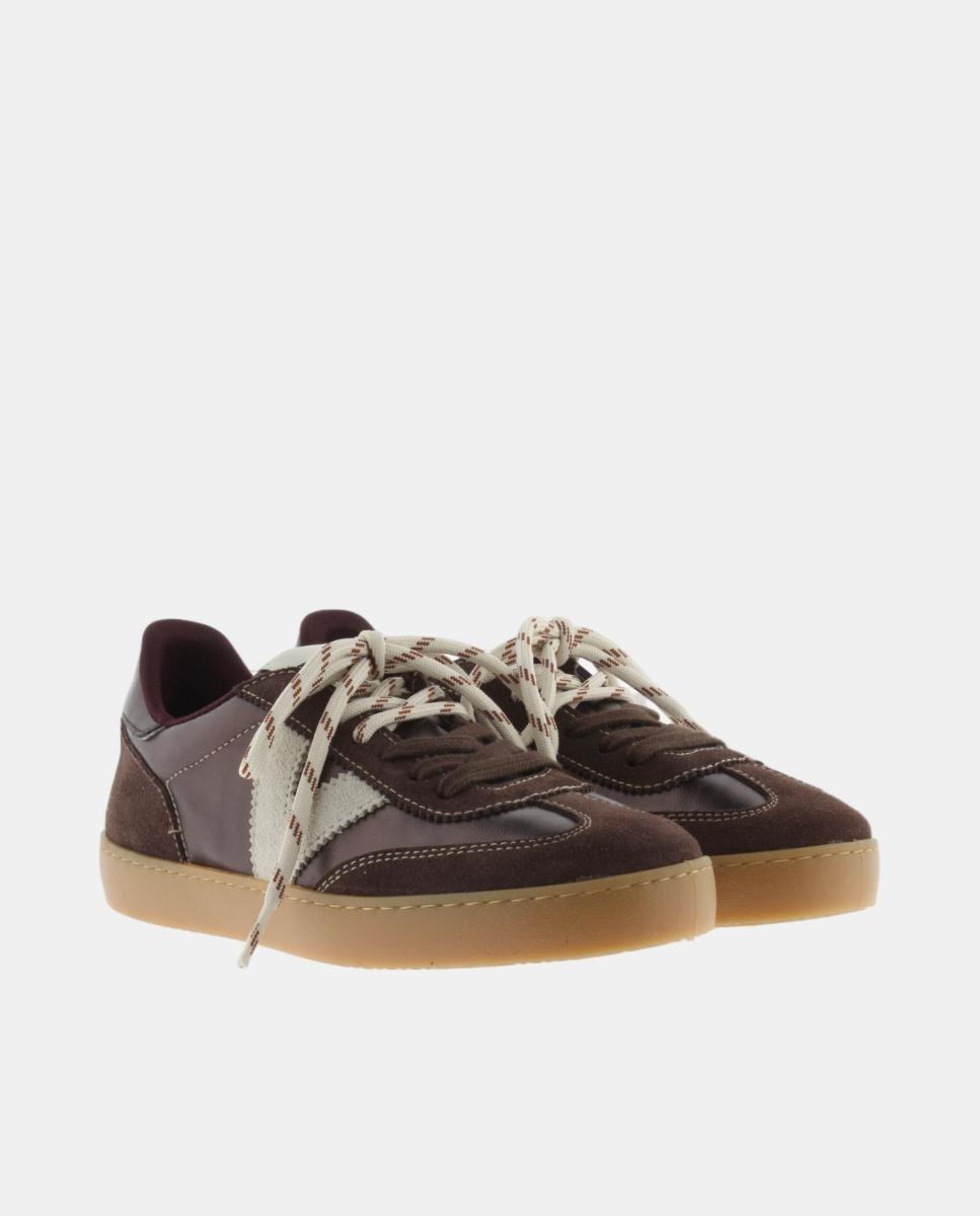 Zapatillas deportivas de mujer metalizadas con piezas de serraje al tono y suela caramelo - Victoria - Marrón oscuro Marrón oscuro-5