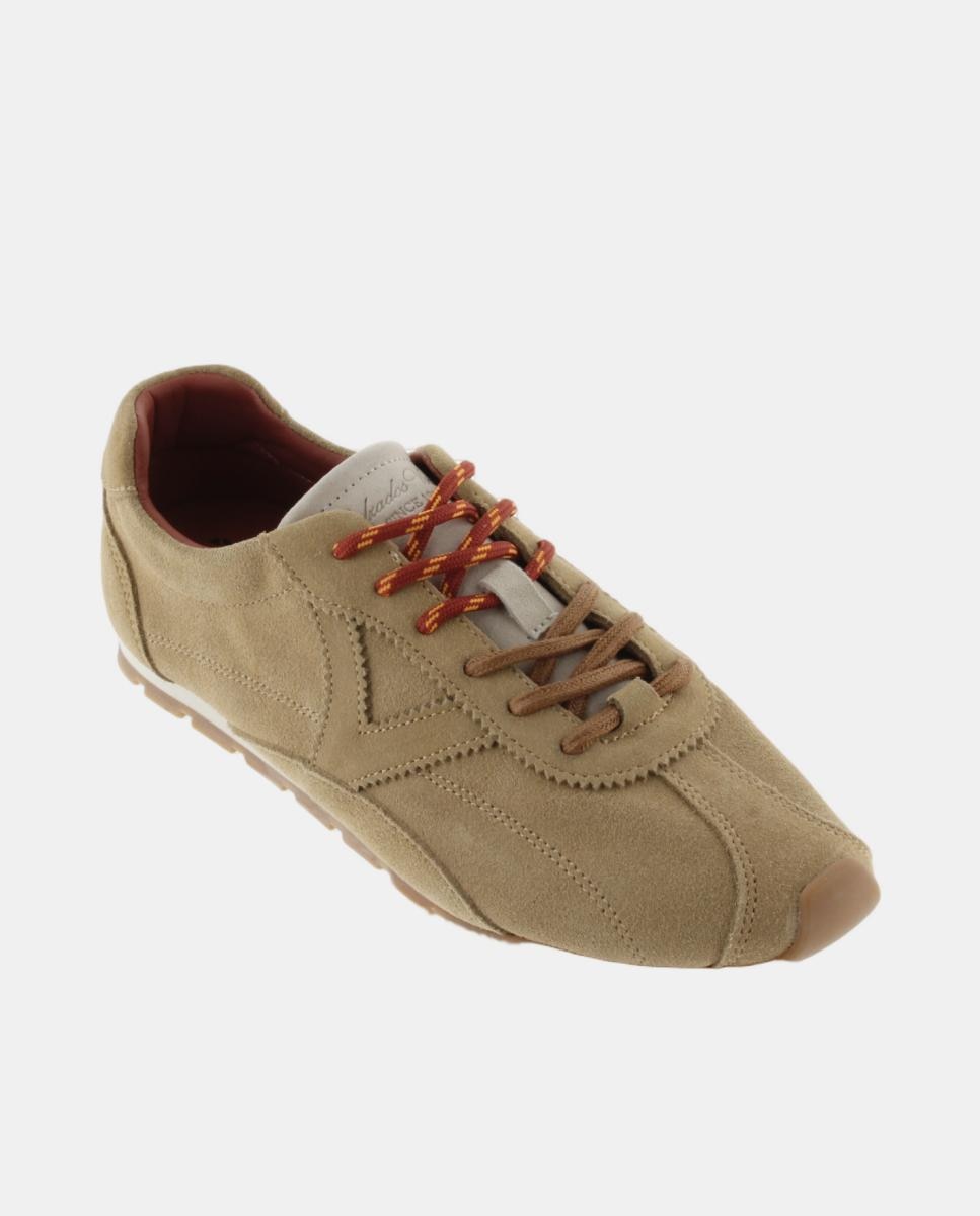 Zapatillas deportivas de mujer de serraje con pespuntes marcados y doble cordón - Victoria - Marrón caramelo Marrón caramelo-2