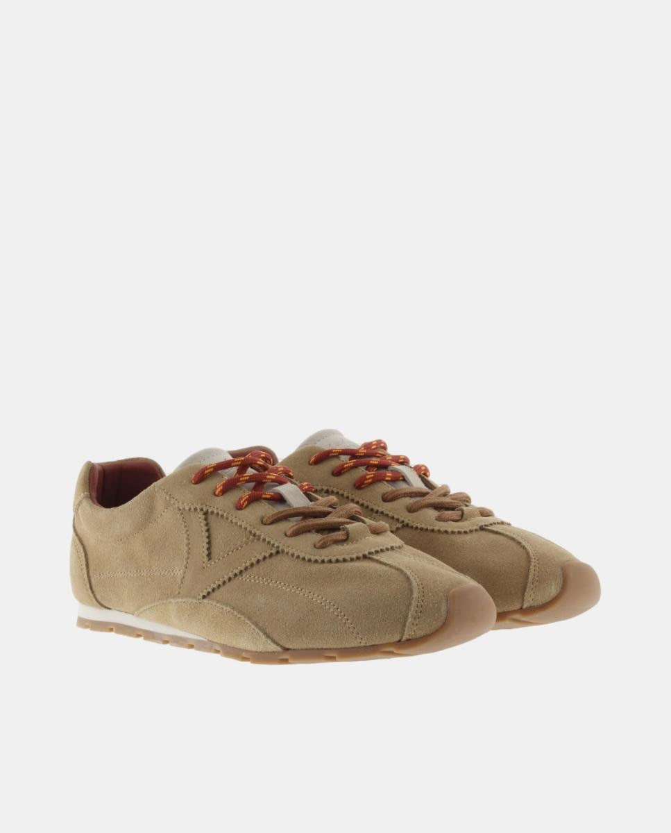 Zapatillas deportivas de mujer de serraje con pespuntes marcados y doble cordón - Victoria - Marrón caramelo Marrón caramelo-5