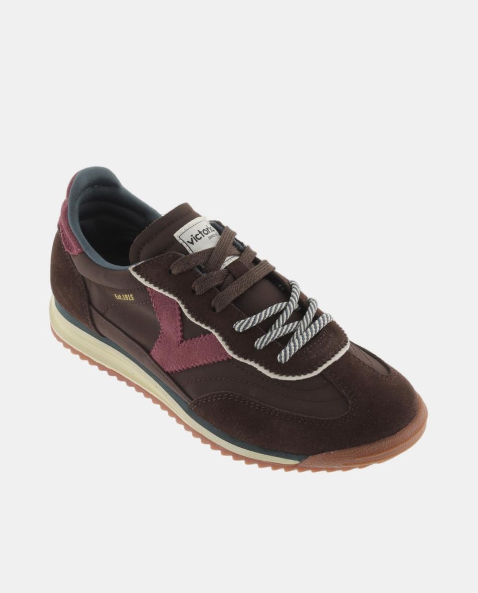 Zapatillas deportivas de mujer de nylon con piezas de serraje y doble cordón - Victoria - Marrón oscuro Marrón oscuro-2