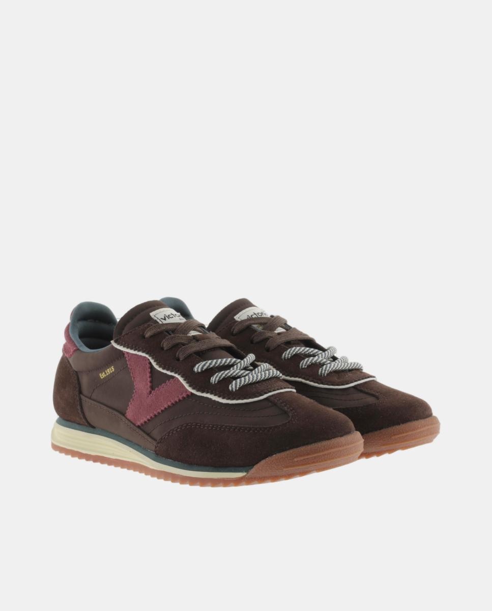 Zapatillas deportivas de mujer de nylon con piezas de serraje y doble cordón - Victoria - Marrón oscuro Marrón oscuro-5