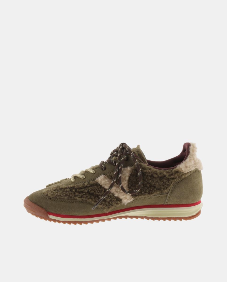 Zapatillas deportivas de mujer de borreguito con piezas de serraje al tono y doble cordón - Victoria - Verde militar Verde militar-3