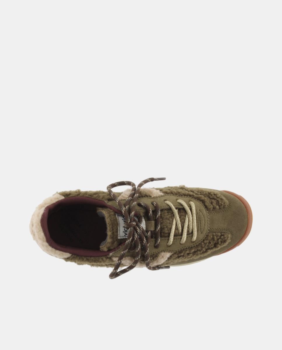 Zapatillas deportivas de mujer de borreguito con piezas de serraje al tono y doble cordón - Victoria - Verde militar Verde militar-4